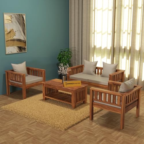 Image of Sheesham Wood 5 Seater Low Height Sofa Set for Living Room | 5 Seater Sofa Set | Wooden Sofa Set | Beige Cushion (3+1+1, Honey Finish)