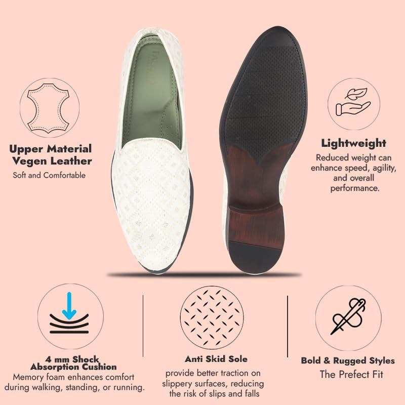 Image of FAUSTO Men Embroidered Sequin Ethnic Slip-On Juttis and Mojaris | Traditional Party Loafer Sherwani Shoes for Wedding, Reception, Cocktail and Festive Outfits