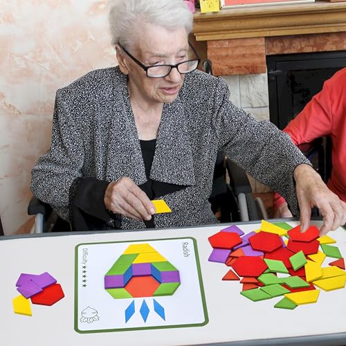 Image of Activities for Dementia Patients, 80 Pieces Wooden Tangrams Puzzle Game for Seniors, Colorful Shape Pattern Alzheimers Products for Elderly, Tile Matching Board Memory Cognitive Gifts