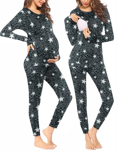 Ekouaer Nursing Pajama Set Long Sleeve Maternity Clothes Labor Pregnancy Pjs Breastfeeding Thermal Underwear Sleepwear Strar Dark Gray S