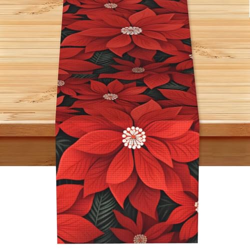 Chemin de table Poinsettia imitation lin de noël 33x183 cm