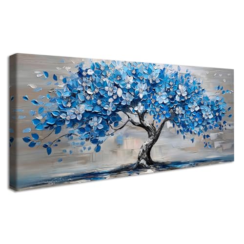 Framed Large Canvas Wall Art For Living Room Abstract Tree of Life Painting Wall Decor For Bedroom Blue Flower Tree Picture Canvas Prints Office Dining Room Artwork Hotel Mural Home Decor 50x120cm