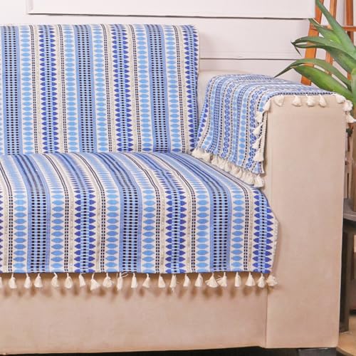Image of STITCHNEST Woven 1 Seater Sofa Protector with 2 Hand Rest Covers - Blue & White Stripe Design - Washable Fabric with Tassels - Stylish Sofa Cover for Modern Living Room & Furniture Decor