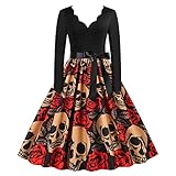 Halloween Dress Womens Party Swing A-Line Skeleton Pumpkin Printed Punk Hippi Casual Halloween Cosplay Dresses