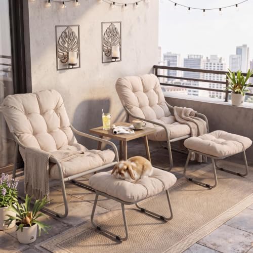 NICESOUL 2-Piece Outdoor Lounge Chair and Ottoman Set, Comfy Patio Lounge Chairs with Reclined Backs and Armrests, Heavy-Duty Reading Chairs with Cushions for Porch, Balcony, Backyard, Beige