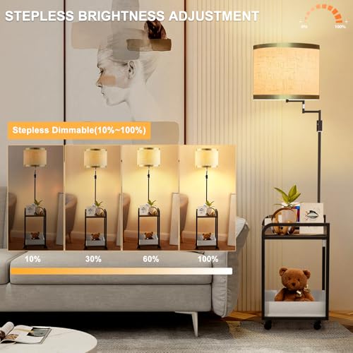 Image of Lightdot 63IN Floor Lamps withTable&Basket, Modern Standing Tall Lamps with Adjustable Fabric Shade and Movable Casters, End Table Lamp for Living Room /Sofa Beside /Corner Decor-Black(Bulb Included)