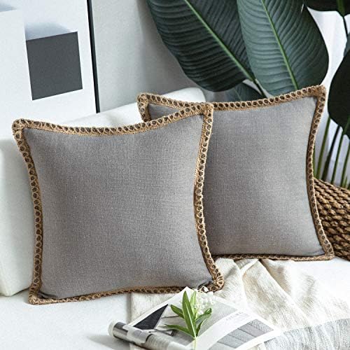 Phantoscope Pack of 2 Farmhouse Decorative Throw Pillow Covers Burlap Linen Trimmed Tailored Edges Grey 22 x 22 inches, 55 x 55 cm