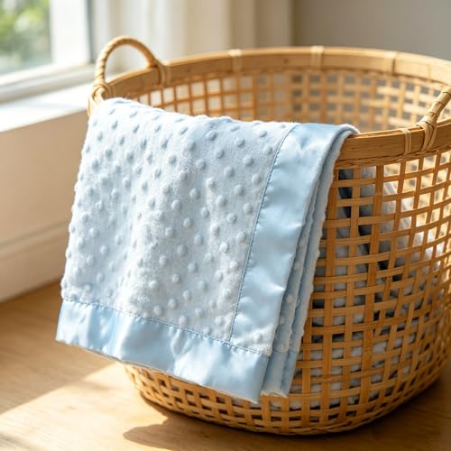 Image of American Baby Company Heavenly Soft Chenille Receiving Blanket 30 inchx40 inch, 2-Layer Minky Dot & Silky Satin, Blue, Warm for Baby Boys & Girls