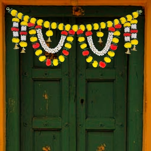 Image of iHandikart Handmade (40 * 12 Inch) Jasmine & Marigold Bandanwar with Green Leaves and Golden Bells Traditional Door Bandanwar for Makar Sankranti, Lohri, Festive Home & Housewarming Decor (B0070)