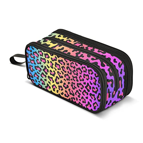 Image of Pencil Case Leopard Print Colorful 3 Compartments Pencil Pouch | Big Capacity,Aesthetic,Organizer Markers,Pencil Box,,Boys,Girls,Adults,Students,Back to School Season,Gift