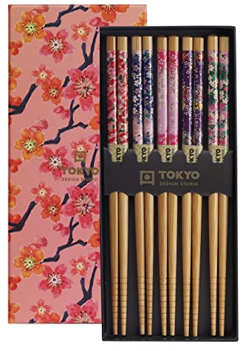 TOKYO design studio Juego de 5 palillos de madera ESS, diseño de Sakura Patterns, 22,5 cm de largo, incluye caja de regalo