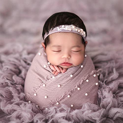 Image of M&G House Newborn Photography Props Wrap Handmade Pearl Decor Wrap Blanket for Baby Photo Props 35.5 X 67 Inch Newborn Photo Shoot Outfits Wraps Baby Photoshoot Props(Purple Gray)