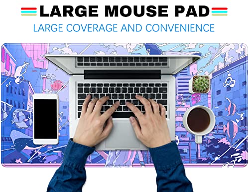Anime Kawaii Desk Mat Mousepad Cute Japanese Large Gaming Mouse Pad Xxl, Pastel Aesthetic Purple Blue Laptop Keyboard Mouse Mat, Magical Fantasy City Girl Gamer Computer Desktop Mat 31.5X15.75 In #TOP3