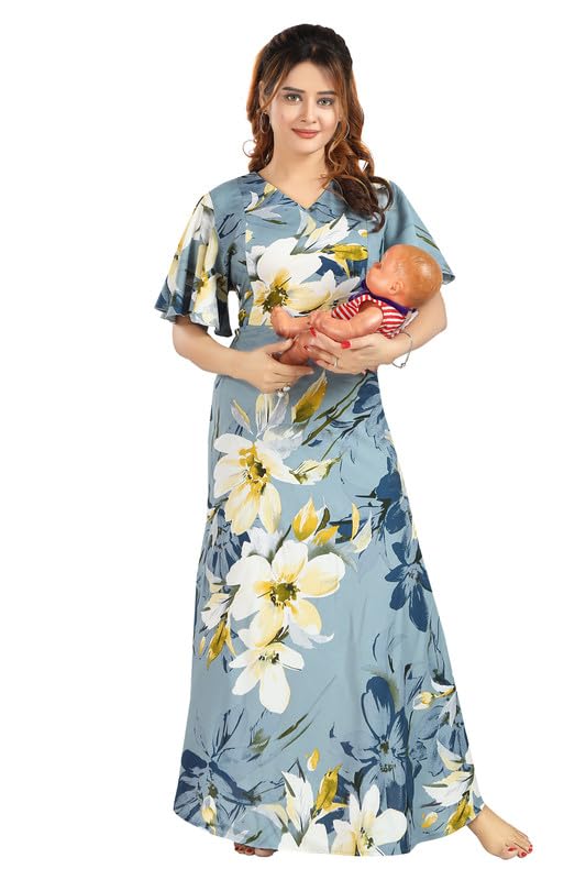 Image of CLOUD SOFT Women's Rayon Cotton Floral Printed Maternity Feeding Gown | Full-Length Nursing Nighty with Zipper | Pre & Post Pregnancy Dress (CS11004-5 MT All)