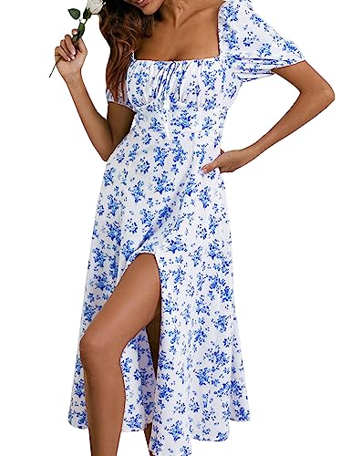 Image of SPRIME Women's Floral Summer Casual Dress Square Neck Puff Sleeve Boho Midi Dresses Ruched Bust High Waist Split Long Dress