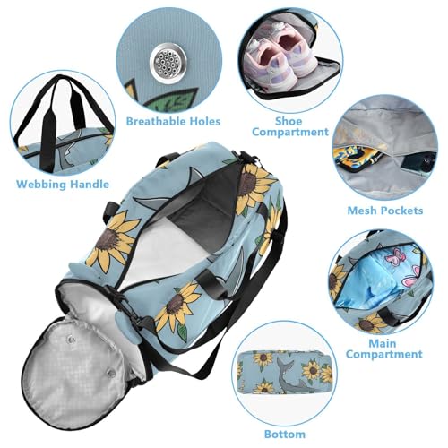 Duffle Bag Kids Gym Bag with Shoes Compartment & Wet Separation Overnight Travel Duffel Bag Shark and Sunflower for Girl Boy4