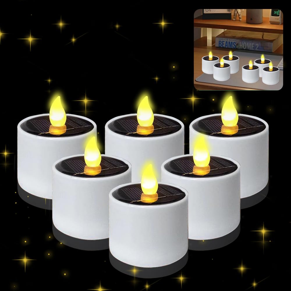 HuaMuDM 6 x Rechargeable Solar LED Candles, Flickering Tealight Candles, Waterproof Decorative Electric Candle Decoration