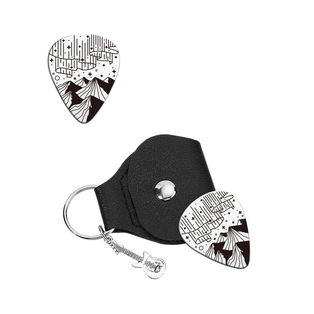 1pcs Personalized Guitar Picks Gifts Guitar Pick Keychain Mountain Aurora Stainless Steel Guitar Pick with PU Leather Case Plectrum Guitar Set for Guitar Player Musician Lover Birthday
