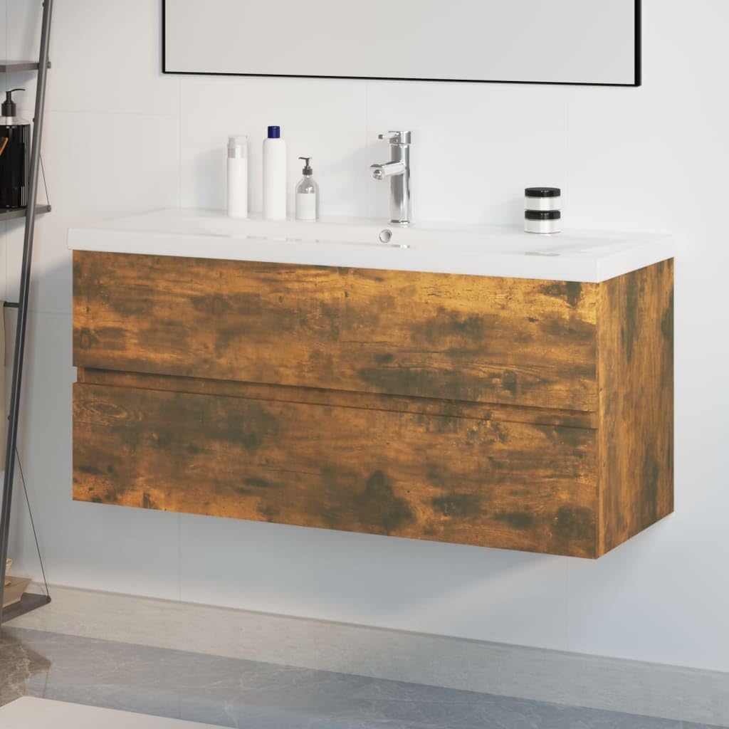 Mobile lavabo con lavabo da incasso in legno di rovere affumicato, 100 x 38,5 x 45 cm, con lavabo in ceramica e cassetto, per mobili da bagno, WC degli ospiti, montaggio a parete, spazio e