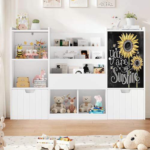 Image of FINETONES Toy Storage Organizer, 55.1” Large Toy Organizer and Storage with Chalkboard, Kids Bookshelf and Bookcase with 2 Movable Drawers and 6 Storage Cubbies, Toy Chest Organizer with Blackboard