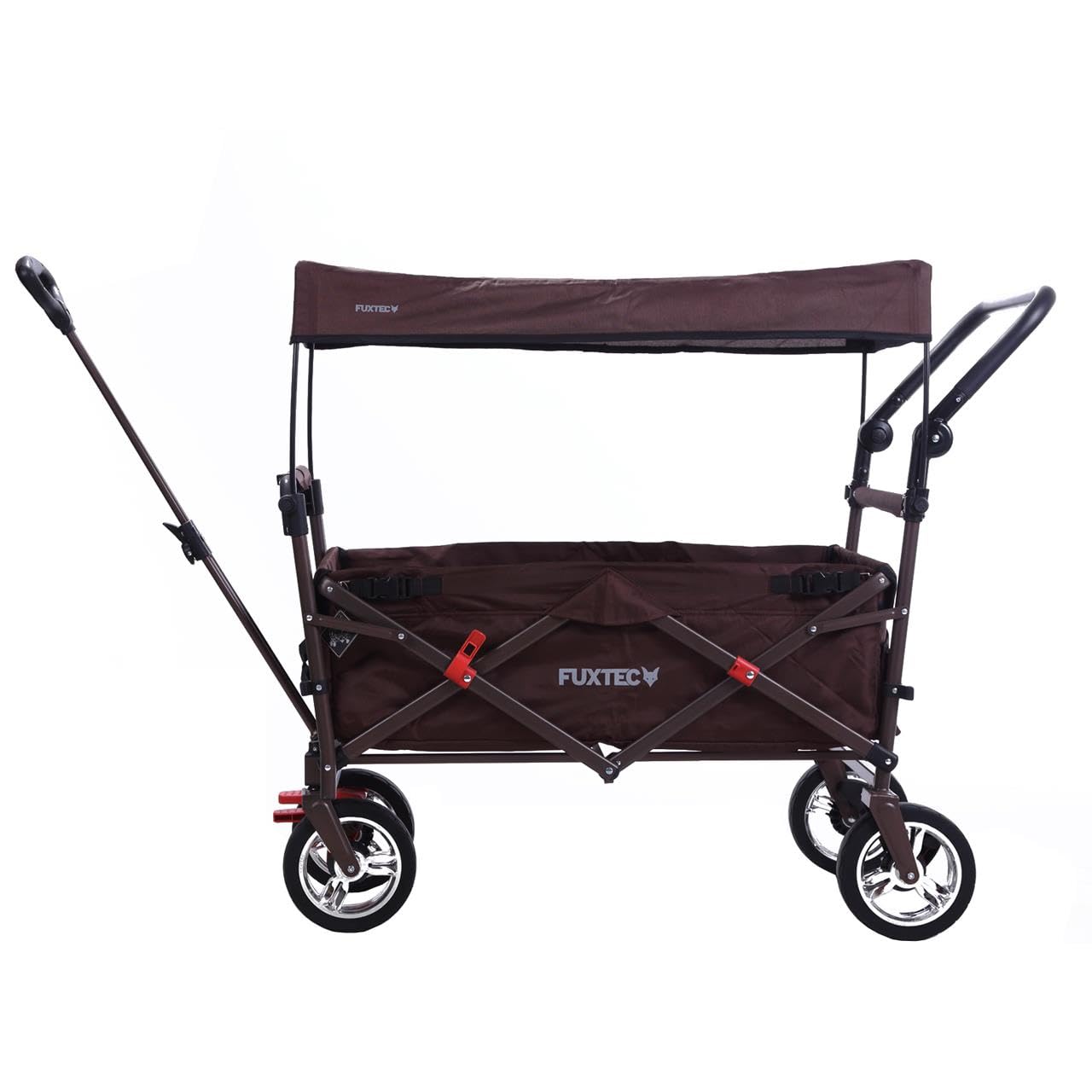FUXTEC Folding Wagon for Kids to Sit In – Hand Cart, Garden Trolley, Stroller, Outdoor Transport, Fishing, Hiking, Removable Canopy, Push Handle/Pull Rod, Dual Brake System – CT700 Brown