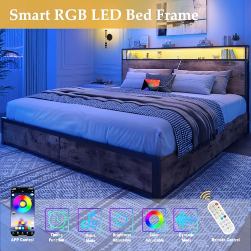 Image of Lifezone Queen Bed Frame with 2-Tier Storage Headboard, Metal Platform Bed Frame with 4 Storage Drawers, Built in Charging Station & LED, Noise-Free /Metal Support /No Box Spring Needed, Rustic Brown