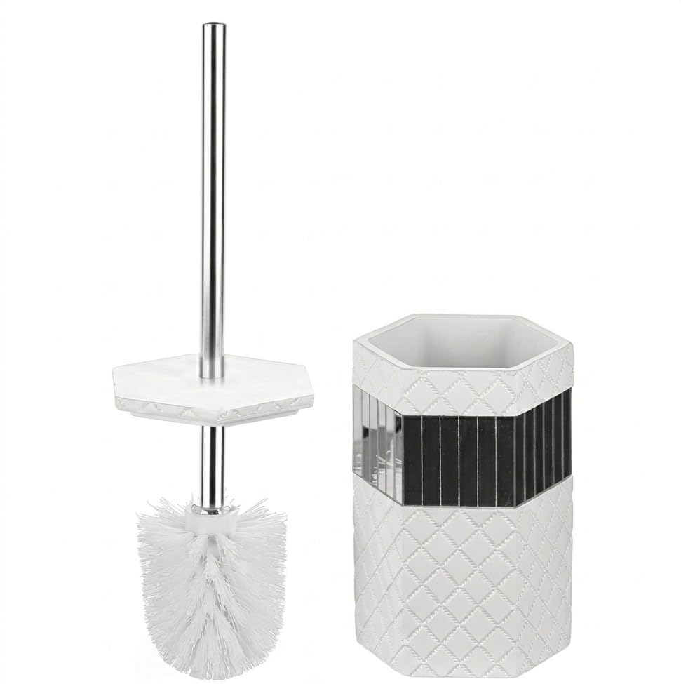 Creative Scents Quilted Mirror Bathroom Toilet Brush Set - White Toilet Bowl Brush and Holder - Good Grip Toilet Bowl Cleaner Brush and Holder - Decorative Compact Toilet Bowl Scrubber