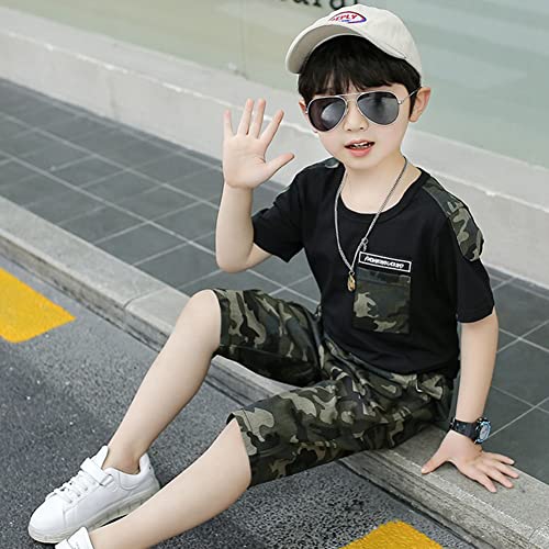 Image of LOLANTA Boy Summer Outfit Casual Clothes 2Pcs Cotton T-shirt Shorts Set | Kids Short Sleeve T-Shirt, Boy Camouflage Knee-length Shorts, Breathable Fashion Outfits, School Daily Matching Clothing Sets