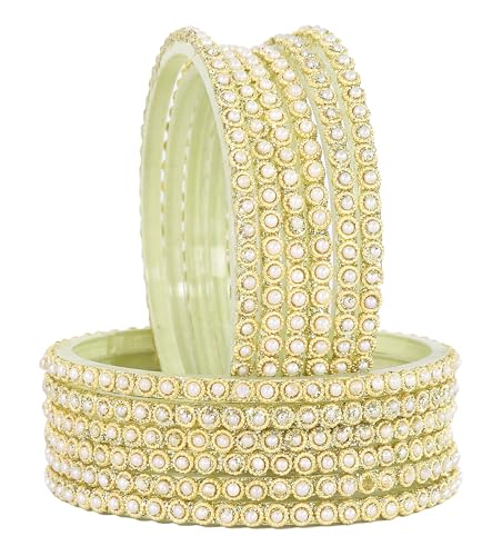 Image of NMII Glass Golden Beads & Pearls Moti Work Designer Bangles Set For Women & Girls | Kanch ki Chudi Set | Girl's Bangles Bracelet | Glass Bangles | Daily, Wedding, Party, Fashion Jewellery- Set of 12