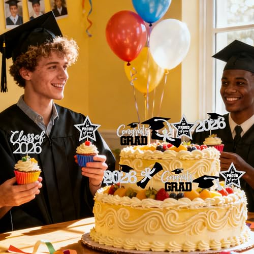 Image of 48 PCS Grad Cupcake Toppers, Congrats Graduation Cake Topper, Class of 2026 Black and Silver Graduation Decor, Glittery Cap and Diploma Cake Picks for Grad Party Decorations Supplies