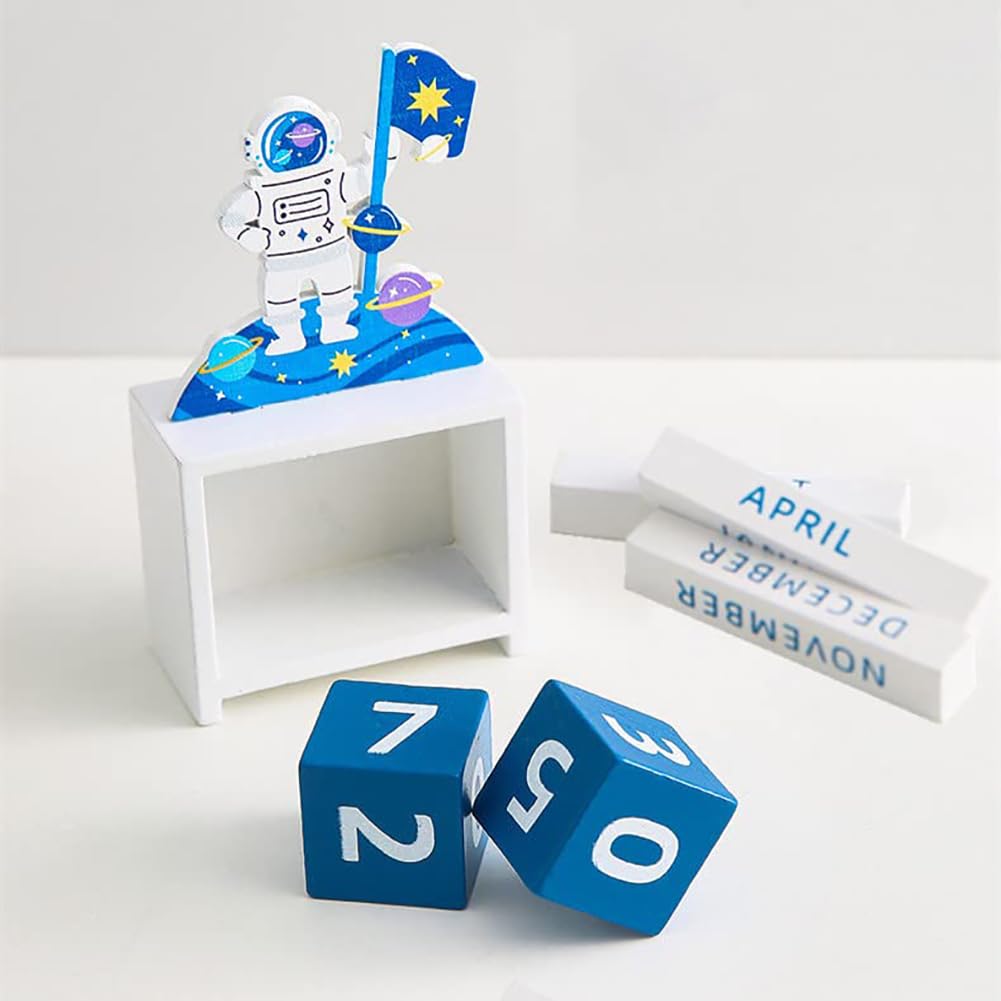 Calendario da tavolo in legno, design perpetuo astronauta con blocchi di data e mese, decorazione pratica per casa e ufficio per un uso duraturo, ecologico e riutilizzabile per anni