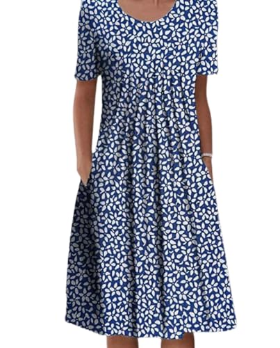 Womens Boho Dresses Short Sleeve Crewneck Casual Floral Print Beach Vacation Dress with Pockets for 2025 Summer