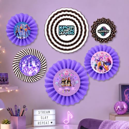 Image of Wanna Party Purple Korean Pop Inspired Paper Fan Decorations, Set of 6 | Hanging Rosette Fans for Birthday, Dance Party, Photo Backdrop, Cake Table & Celebration Decor