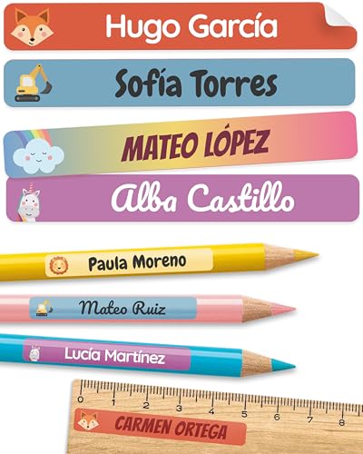 75 Etiquetas adhesivas personalizadas objetos para colegio y guardería - pegatinas personalizadas, etiquetas nombre material escolar - aptas para lavavajillas - Arcoíris