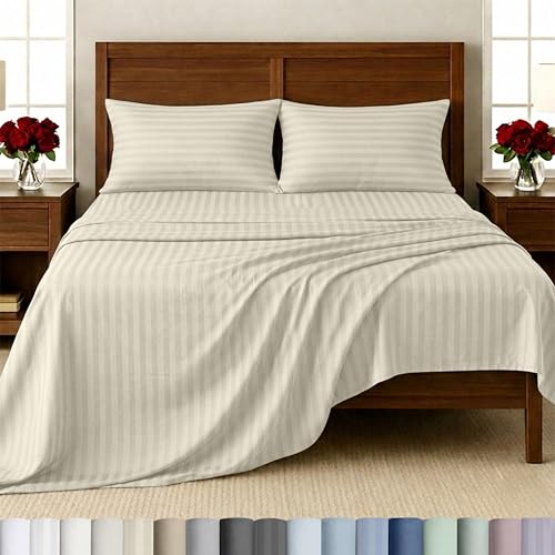 Image of California Design Den 500TC 100% Cotton Full Bed Sheets Set, Ivory Stripe | Good Housekeeping Seal, OEKO-TEX Certified, Silky-Soft Sateen Weave, 4pc Set, 16 inch Deep Pockets, For Hot Sleepers, All-Season