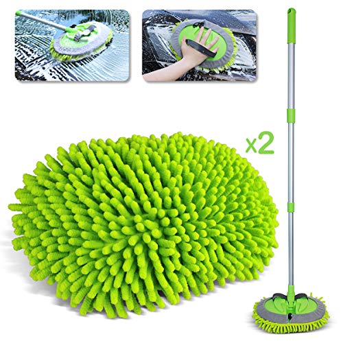 Sfumoc 2 in 1 Extendable Car Wash Brush Kits Mop with Long Handle, Chenille Microfiber Car Cleaning Kit Brush Duster-Scratch Free- car wash Tools for Washing Truck, Car, RV (Green)