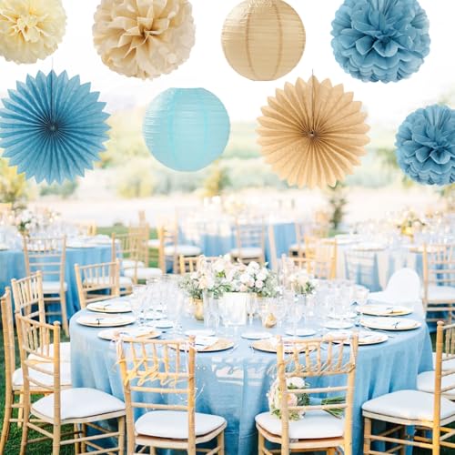 Image of Light-Dusty Blue Beige-Champagne Bridal-Shower Party-Decorations - 31pcs Bride to Be Banner,Boho Neutral Bachelorette Paper Lanterns,Wedding Garland,Tissue Pom Poms Flower Fan Decor Supplies Burgleda