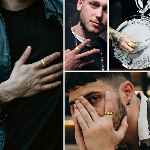 Sanfenly 5 PCS 14K Gold Rings for Men Mens Gold Ring Mens Stainless Steel Rings Square Signet Rings Pinky Thumb Ring Chunky Thick Band Cuban Link Chain Ring Cool Finger Ring Wedding Band Ring for Men（Size 7-15）4