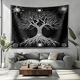Wandteppich Psychedelic Grau Weich Vlies Wandbehang Wanddeko für Wohnzimmer Schlafzimmer WeißEr Lebensbaum Picknickdecke Tapisserie Wandkunst Dekore (150x100cm)
