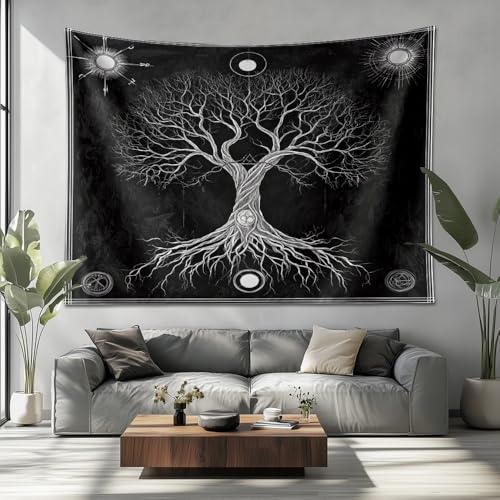 Wandteppich Psychedelic Grau Weich Vlies Wandbehang Wanddeko für Wohnzimmer Schlafzimmer WeißEr Lebensbaum Picknickdecke Tapisserie Wandkunst Dekore (150x100cm)