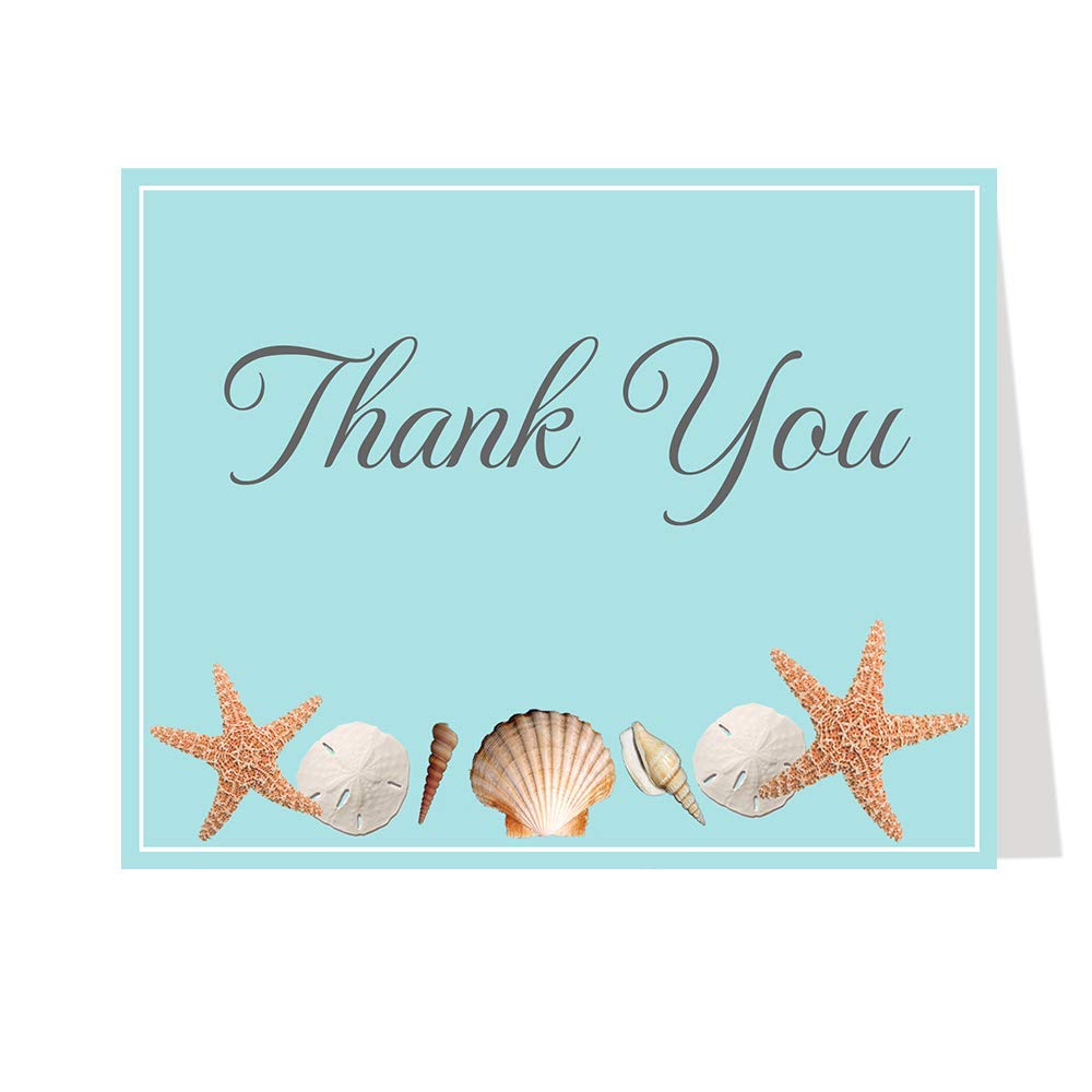Amazon.com : Beach Bridal Shower Thank You Cards Wedding Folding Notes  Thanks Shells Sea Shore Blue Sand Dollar Starfish Wedding Retro Oceanside  Blank Inside Printed (50 Count) : Office Products