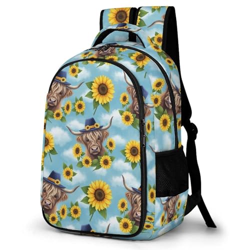 Backpack with Multi-Pocket, Men Women Sunflower Cattle Highland Cow Novelty Portable Lightweight Shoulder Bag, Versatile Large Capacity Backpack