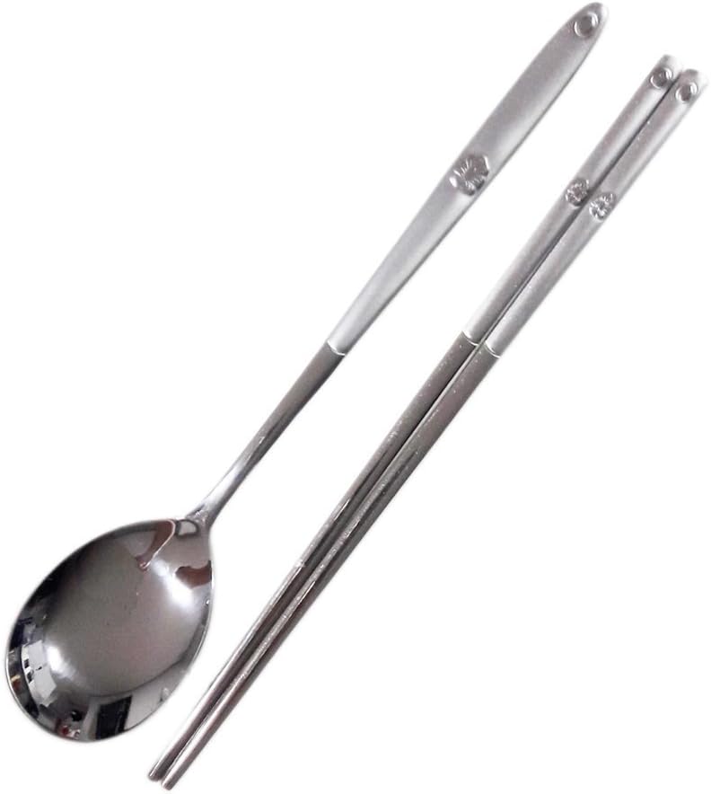 Set of 5 Korean Traditional Style Rose of Sharon Carved Stainless Steel Spoons and Chopsticks
