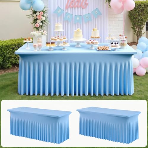 Image of 2 pk Baby Blue Spandex Tablecloth 6ft With Ruffle Table Skirt, Wrinkle Free Stretchy Fitted Tablecloths for 6 Foot Rectangle Tables, Elastic Spandex Table Covers for Weddings Parties Banquet Craft