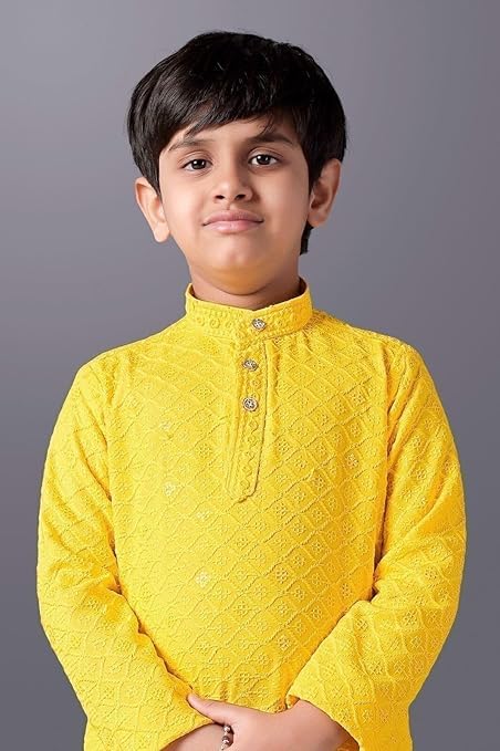 Image of Valaki Kurta Pajama Set for Boys Cotton Blend Mirror Work Embroidery Kurta Pyjama for Boys