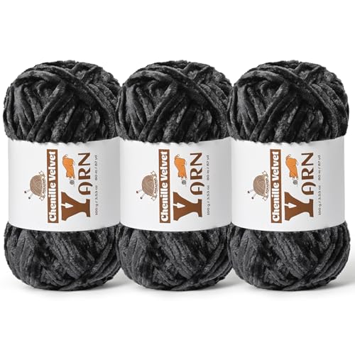 Image of 3 Pack Plush Chenille Chunky Yarn - Fluffy Velvet Yarn Crochet for Blanket Knitting and Crocheting - Soft Baby Yarns for Crocheting - Amigurumi Crochet Yarns 100g (87yds) (3 Carbon Grey)