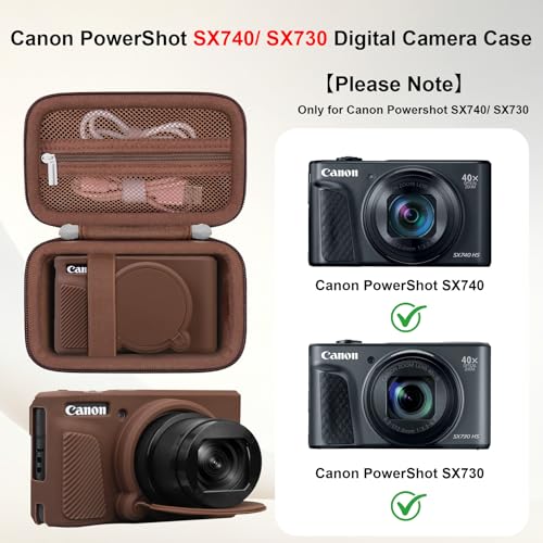 Image of Elonbo Camera Case for Canon PowerShot SX740 / SX730 Digital Camera, Canon SX740 / SX730 HS Hard Carrying Case + Soft Silicone Cover with Removable Lens Cover, Coffee Color