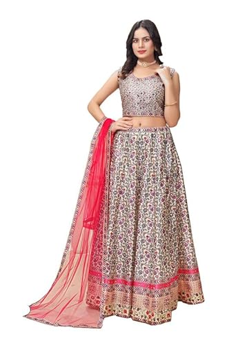 Women's Regular Fit cream print chaniya choli with multicolour print and stone work, sleeve attach (L)