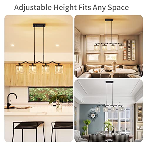 Image of WUZUPS Crystal Chandelier 4-Light Linear Raindrop Pendant Ceiling Light Modern Lighting Fixture for Bedroom Dinning Room Bar Kitchen Island, H8.7'' W4.7'' L30.5, E12 Base, Black