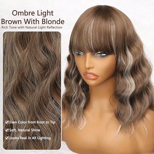 Image of Nnzes Short Wavy Bob Wig with Bangs for Women Shoulder Length Curly Soft Light Brown with Blonde Highlights Synthetic Heat-Resistant Fiber Hair for Daily & Party Use